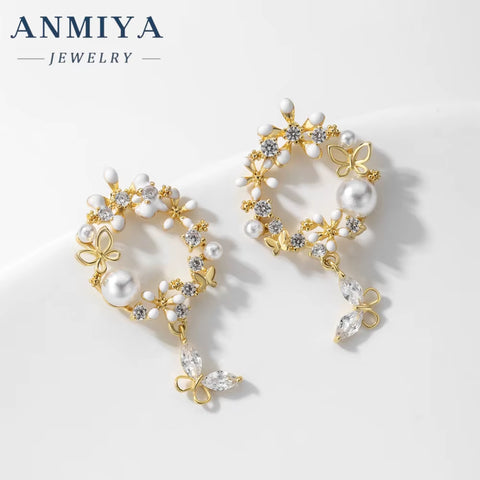 ANMIYA Fine Jewelry Butterfly Garland Fresh Water Pearl Statement Designer Cubic Zirconia 925 Silver Earrings Set Necklace