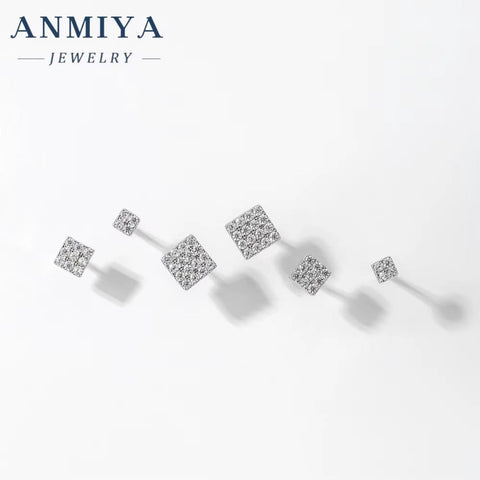 ANMIYA Square Shape Diamond 3PCS Set Stud Earrings Zircon 925 Silver Fine Jewelry Earrings for Women Girl