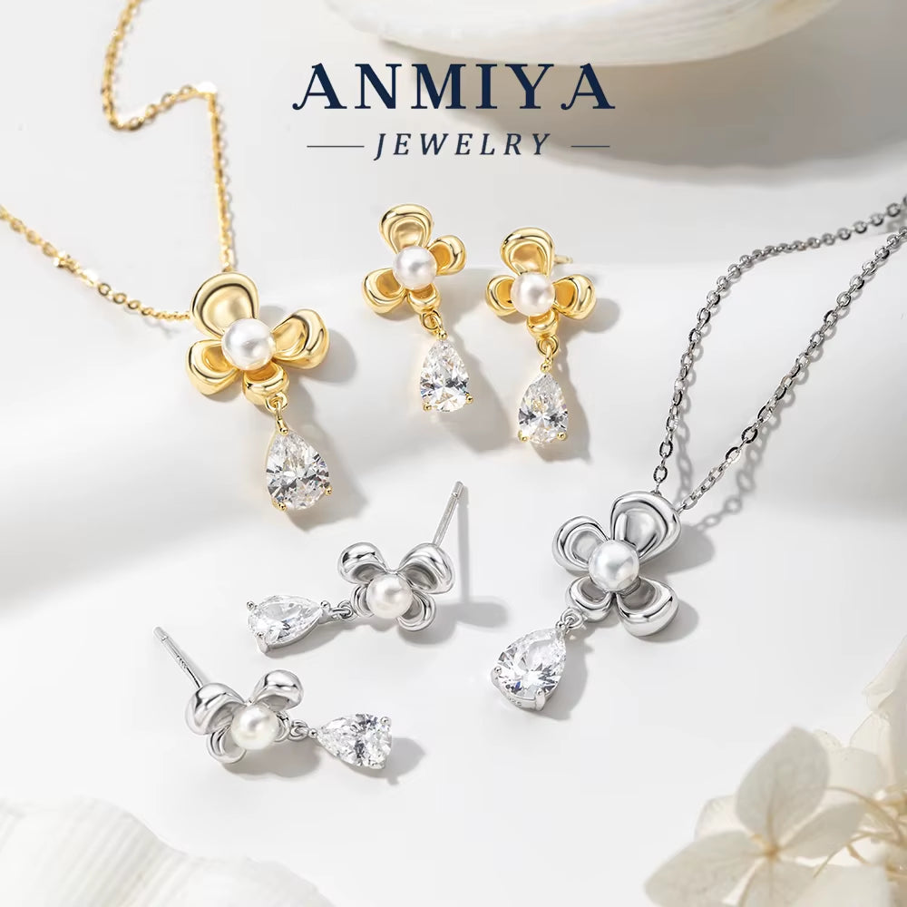 Elegant New Trendy Women'S 925 Sterling Silver Jewelry Set Zircon Gold Flower Earrings and Pearl Necklace