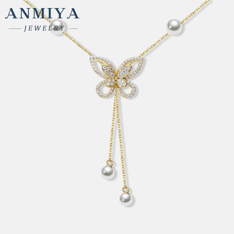 Wholesale Silver Necklace Women 925 Sterling Silver Full Zircon Pearl Butterfly Pendant Necklace Gold Plated Chain Necklaces