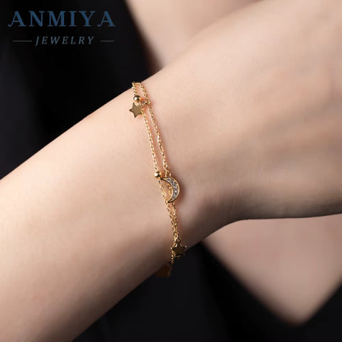 ANMIYA Double Chain Gold Plated Sterling 925 Silver Designer Bracelets Star and Moon Hand Chain for Women Femmes