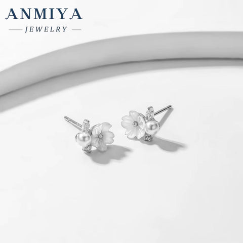 ANMIYA Dainty Sterling 925 Silver White Flower Pearl Cubic Zircon Vintage Earrings for Women