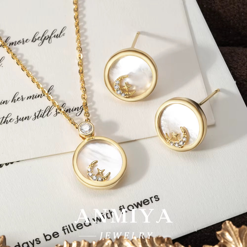 Classic Silver 925 Jewelry Set with White Shell Accents Circle Design and Star Moon Motif for Daily Accessories