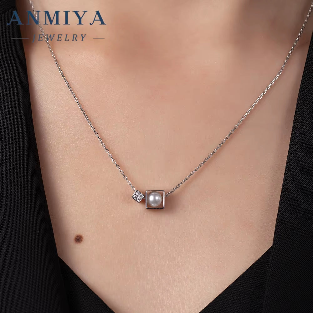 Dainty Sterling Silver Inlaid Square Fresh Water Pearls 925 Sterling Silver Necklace for Women Girls