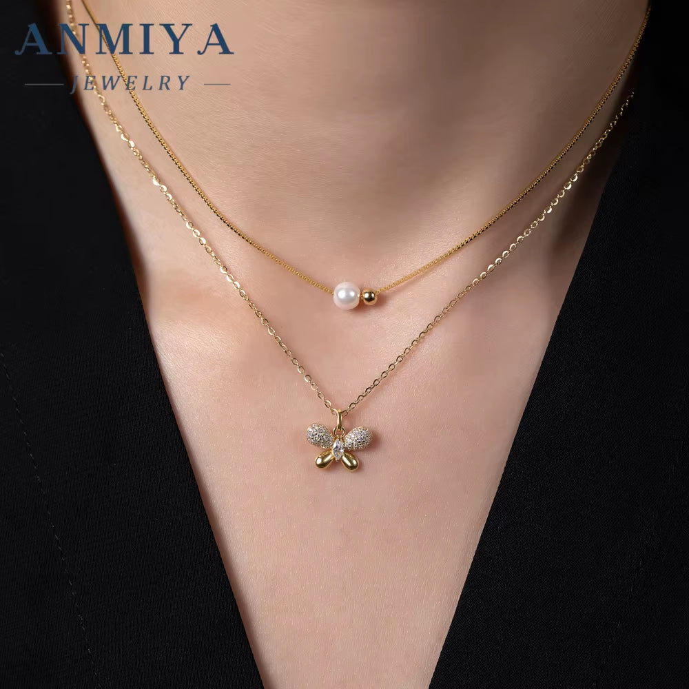 ANMIYA Women Multi-Layered Pearl Butterfly Zircon 925 Sterling Silver Valentine'S Day Charm Necklace for Women