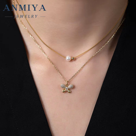 ANMIYA Women Multi-Layered Pearl Butterfly Zircon 925 Sterling Silver Valentine'S Day Charm Necklace for Women