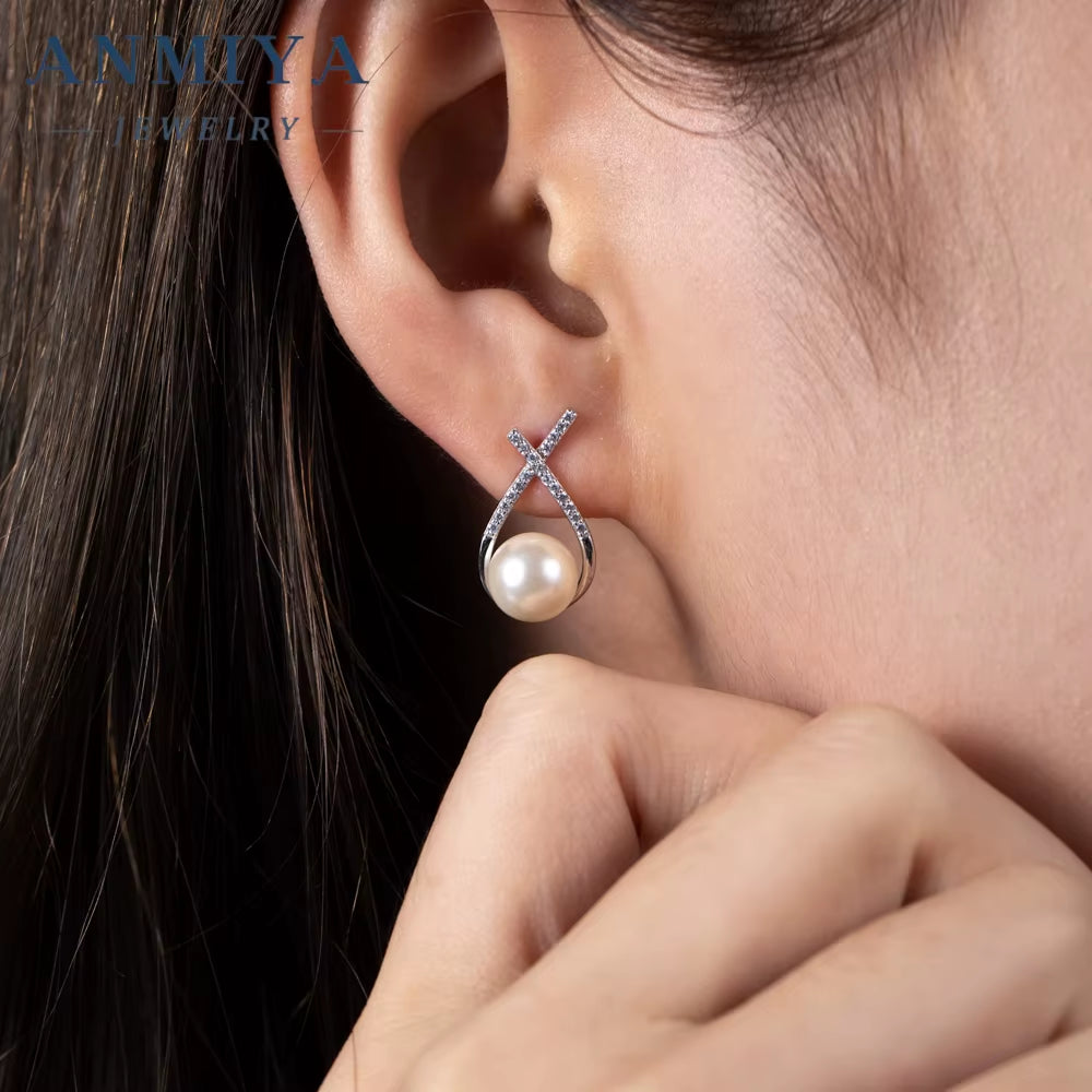 ANMIYA Customized 925 Sterling Silver Water Drop Cubic Zirconia Pearl Stud Earrings