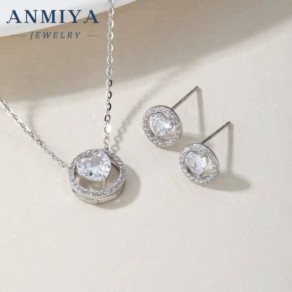 925 Sterling Silver Elegant Zircon Heart Circle Pendant Necklace Stud Earrings Necklaces Fashion Jewelry Women Sets for Girls