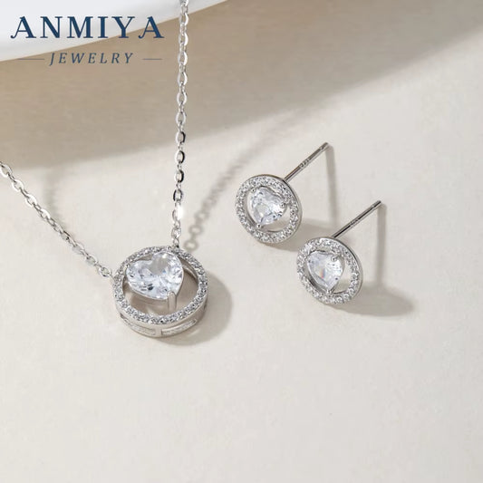 925 Sterling Silver Elegant Zircon Heart Circle Pendant Necklace Stud Earrings Necklaces Fashion Jewelry Women Sets for Girls