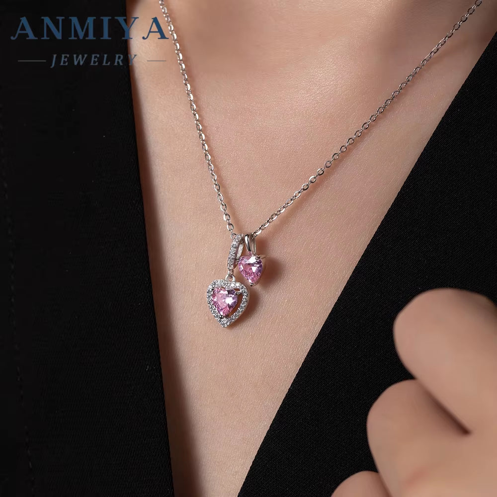 Professional Manufacturer Competitive Price Heart Pendant 925 Silver with Pink Zircons Necklace for Women
