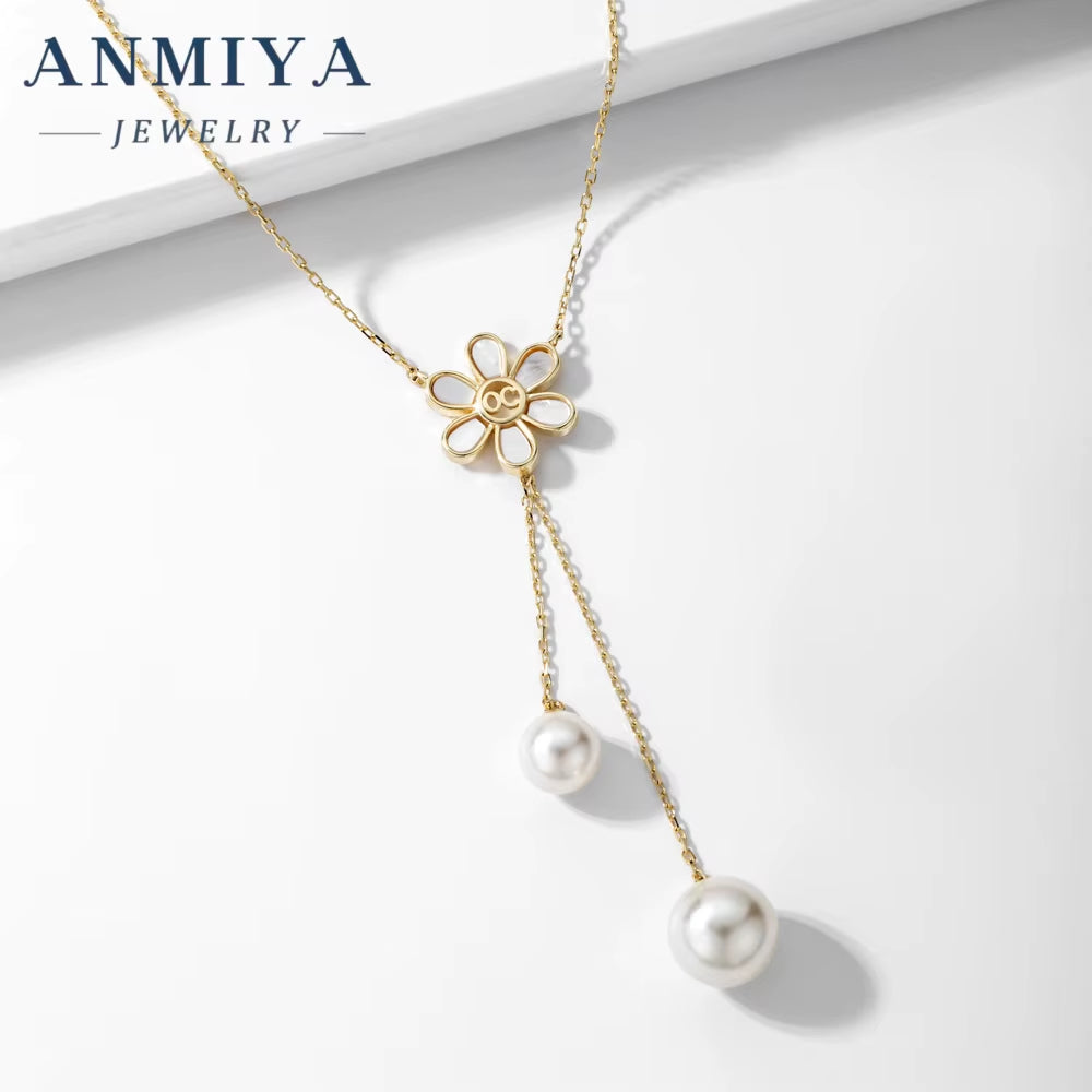 ANMIYA Women'S Long Tassel Pearl Zircon Flower Necklace Silver Plated 925 Silver Chain Style for Wedding Engagement
