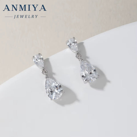 Shiny White Cubic Zirconia Water Drop Earrings for Brides Wedding Evening Party Costume Jewelry Accessories Rhodium Plated