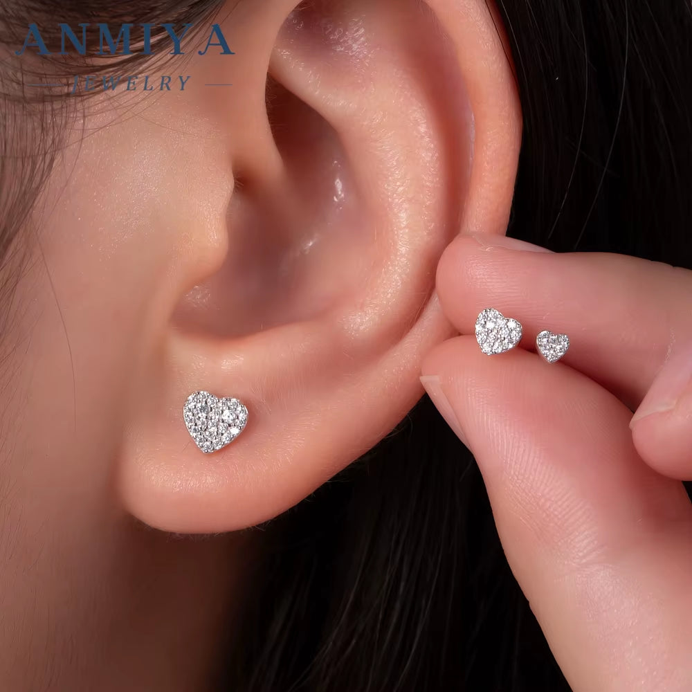 ANMIYA Cute 3 Pairs Sweet Stud Earrings Set Cubic Zircon Heart 925 Sterling Women Gift Jewelry Earrings