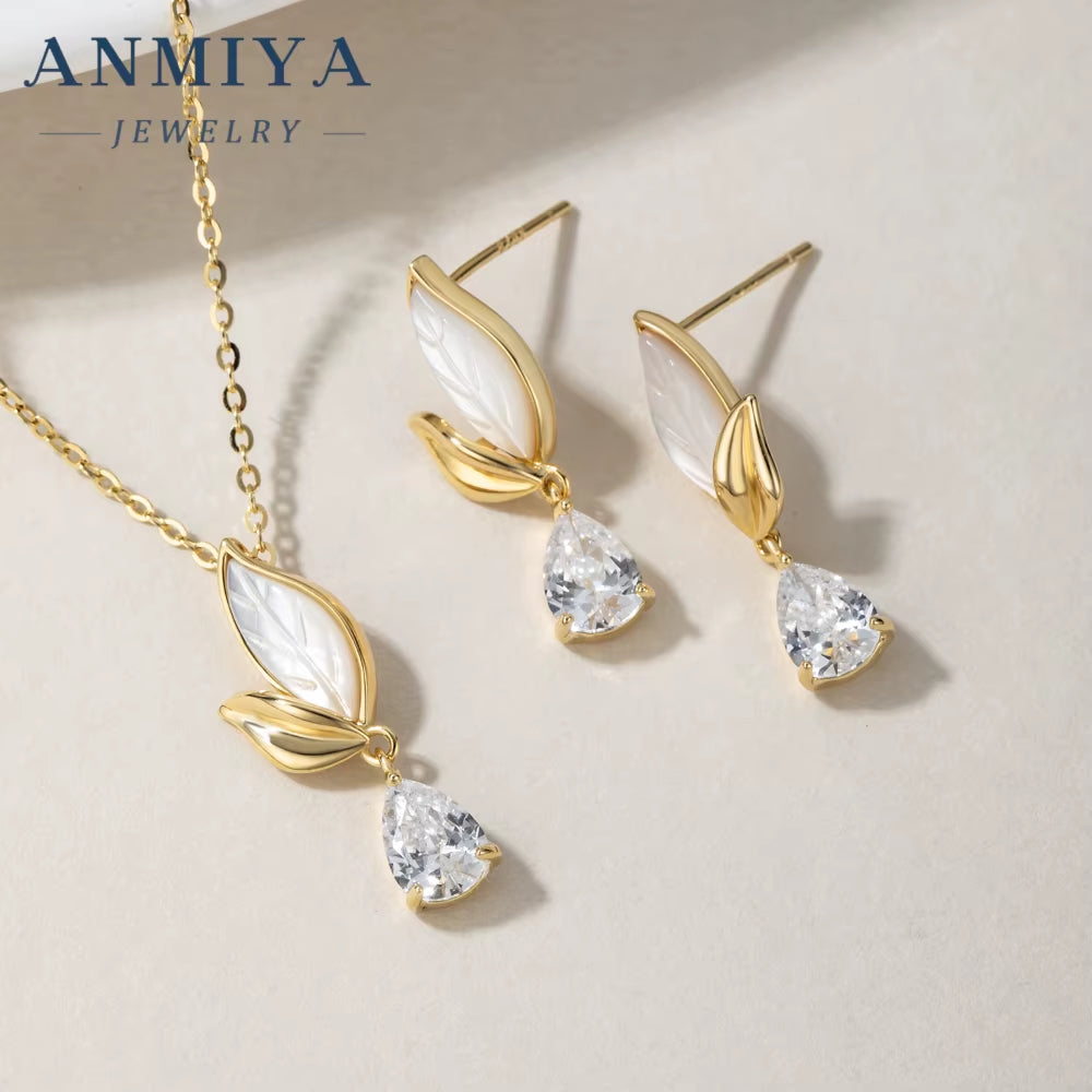 ANMIYA Long Leaf 18K Gold White Shell Drop Water Zircon 925 Silver Charm Pendant Necklace Earrings Set for Women