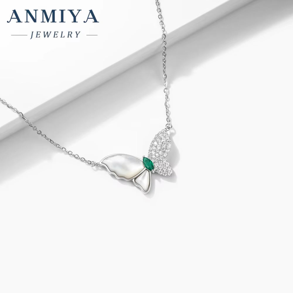 ANMIYA Butterfly Chain Crafted 925 Sterling Silver Necklace Fashion Green Zircon Jewelry Necklaces for Women