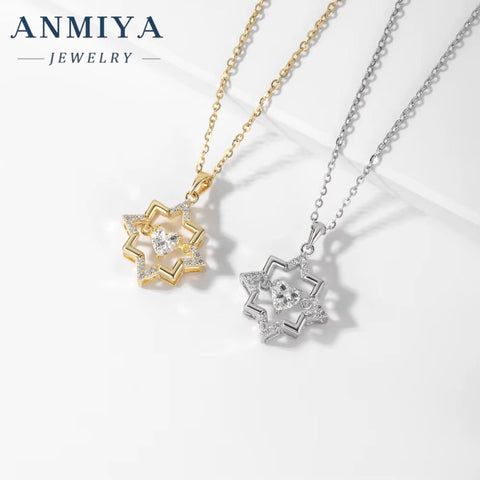 ANMIYA 925 Silver 18K Gold Plated Trendy Hollow Star with Zircon Heart Necklace Valentine'S Day Gift