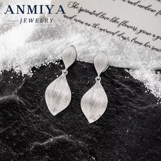 ANMIYA Fashion 925 Sterling Silver Leaves Stud Earrings 14K Bright anti Allergy Waterproof Texture High Quality Jewelry
