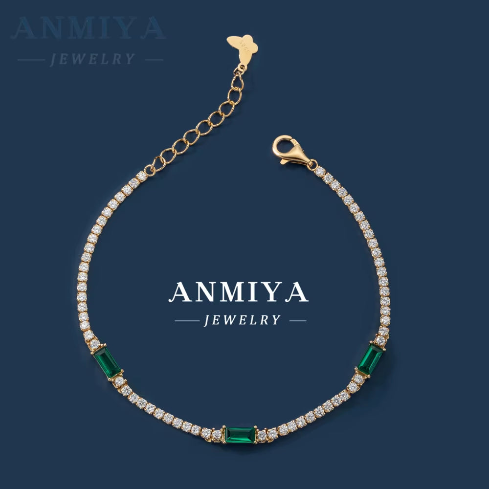 ANMIYA Green Zircon Bracelets Set Rhinestone Trendy Jewelry 925 Silver 18K Gold Bracelets for Women