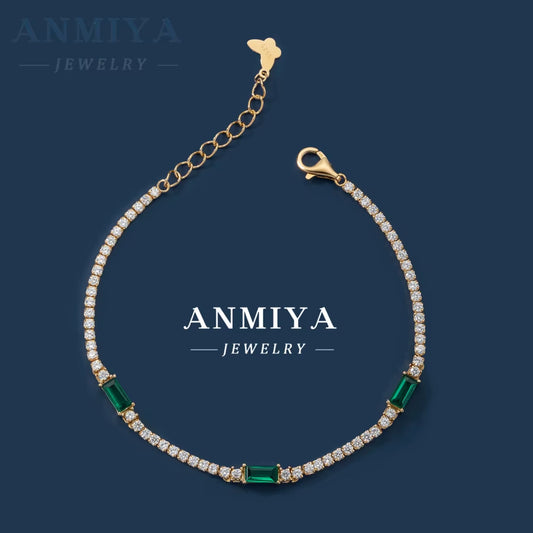 ANMIYA Green Zircon Bracelets Set Rhinestone Trendy Jewelry 925 Silver 18K Gold Bracelets for Women