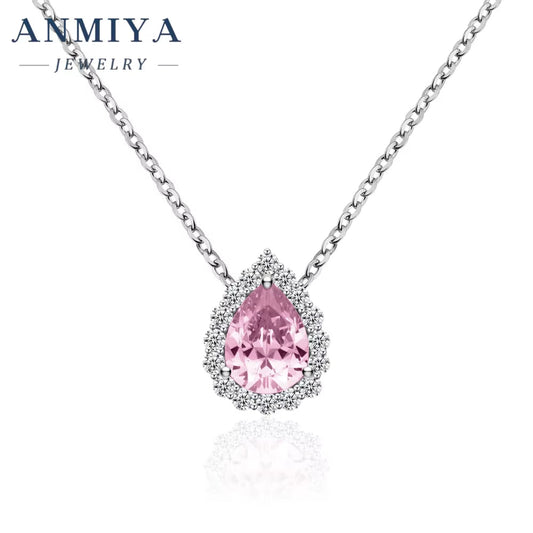 Fine Jewelry 925 Sterling Silver Necklace Pear Ice Cut Pink Water Drop Shape Jewelry Necklace for Lover Girlfriend