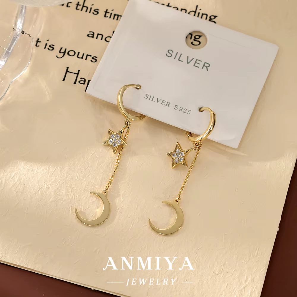 Topsale 18K Gold Plated 925 Sterling Silver Jewelry Fine Moon Star Dangle Pave Blue Zircon Hoop Tassel Chain Earrings