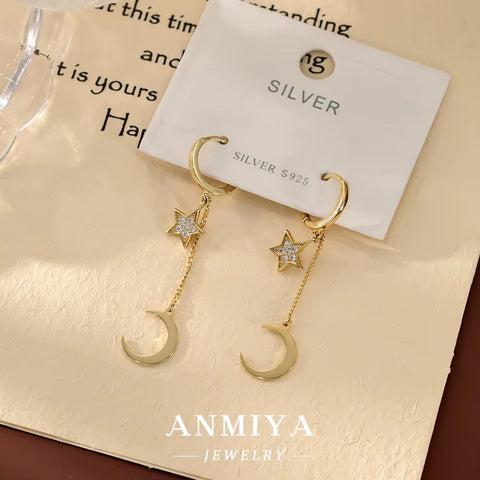 Topsale 18K Gold Plated 925 Sterling Silver Jewelry Fine Moon Star Dangle Pave Blue Zircon Hoop Tassel Chain Earrings