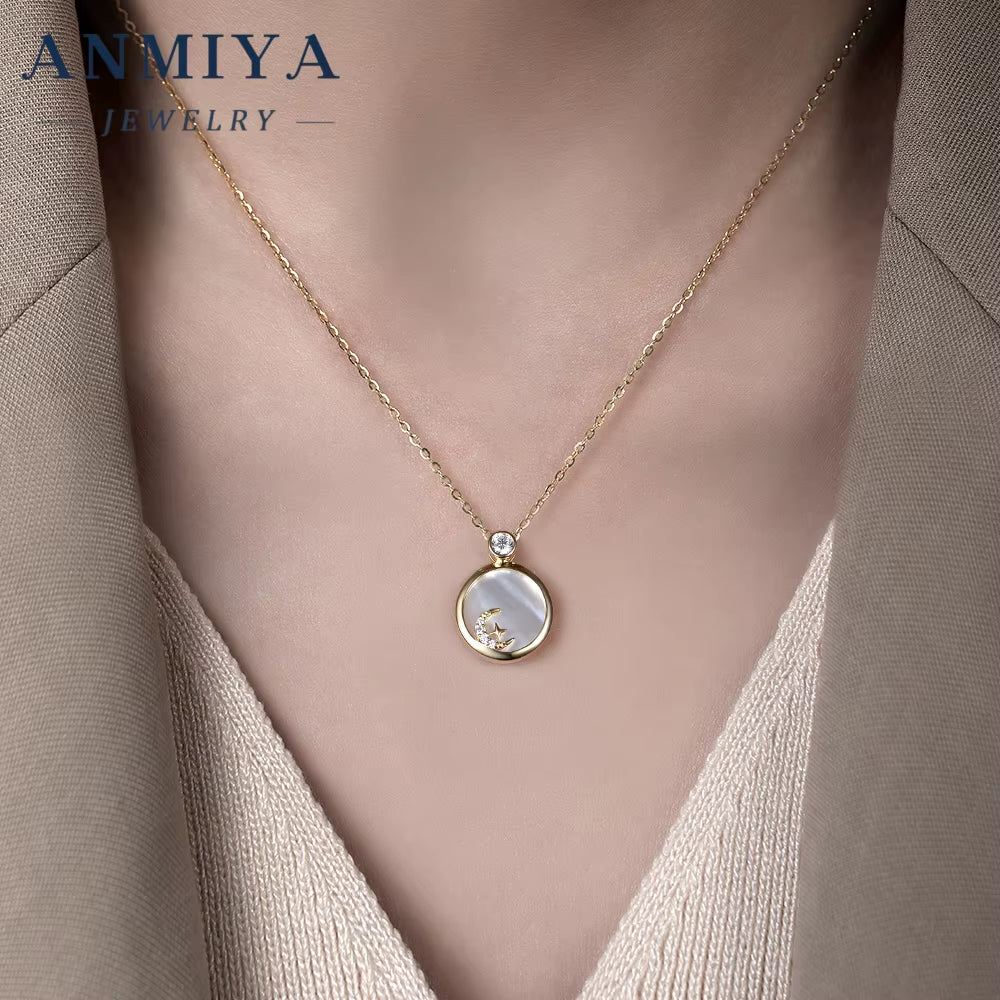 Classic Silver 925 Jewelry Set with White Shell Accents Circle Design and Star Moon Motif for Daily Accessories