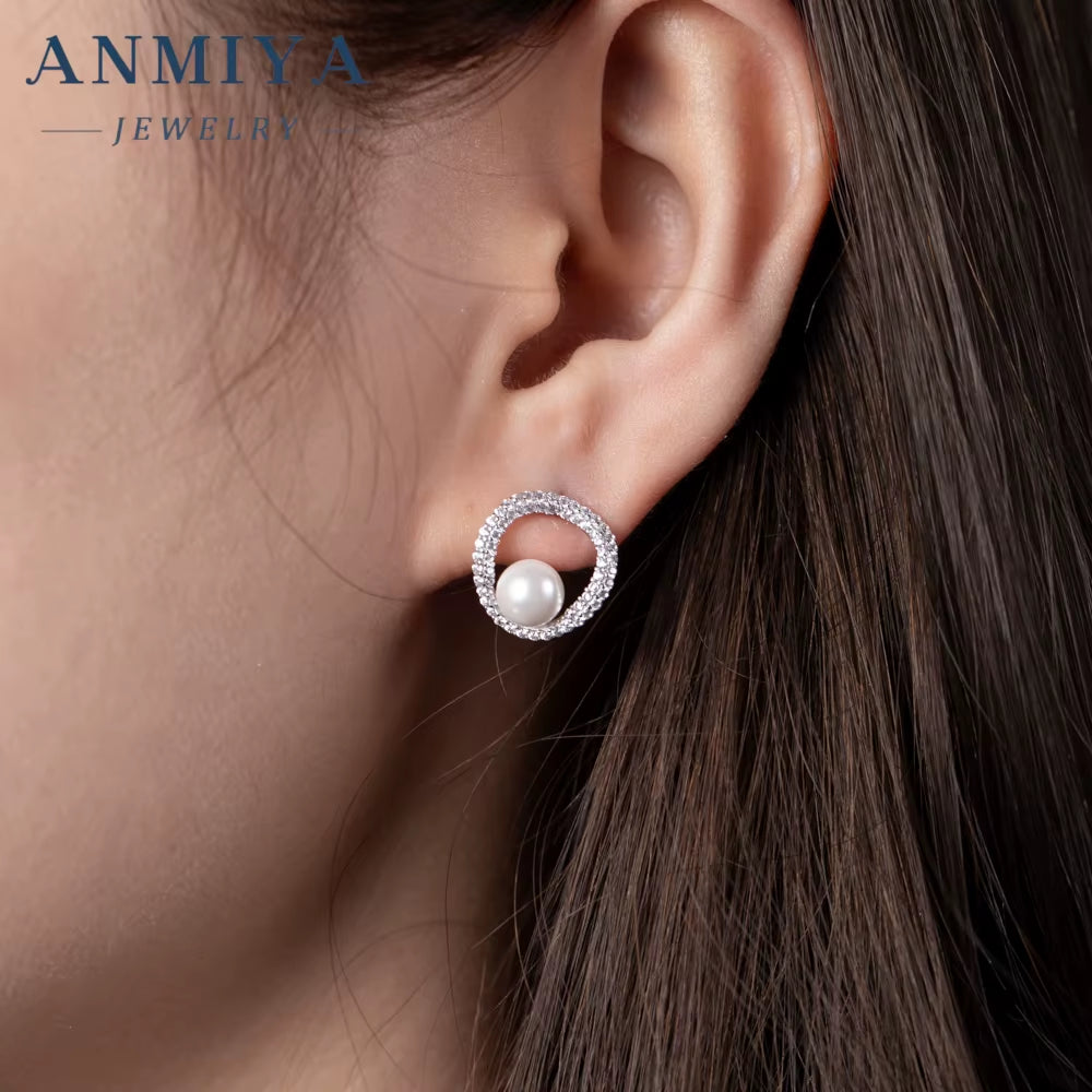 ANMIYA Luxury Hollow Out Large Cz Pearl Plated 925 Silver Needle Stud Earrings for Women
