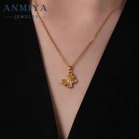 ANMIYA Elegant Hollow Out Zircon Butterfly Necklace 18K Gold 925 Silver Necklace for Women