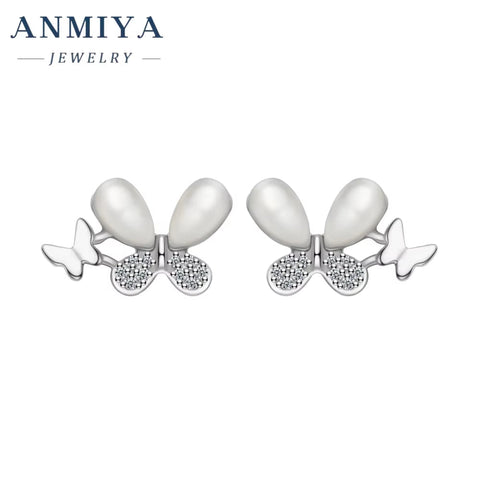 ANMIYA Hot Sale Hypoallergenic Earrings Cubic Zirconia Pearl Butterfly Stud Earring for Women