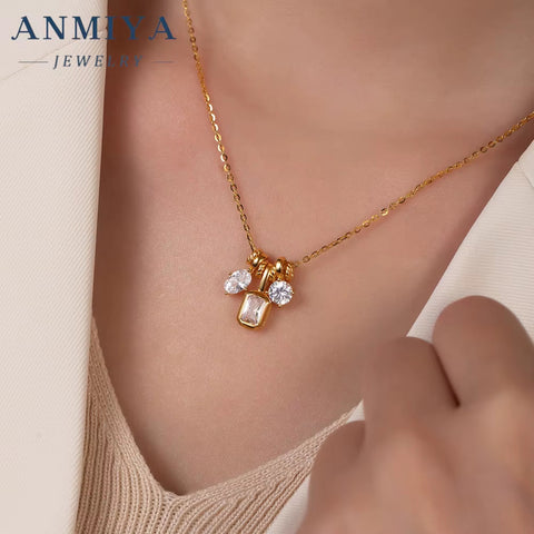 ANMIYA Customizable 14K Gold Plated Triple Zircon Pendant Necklace Delicate 925 Sterling Silver Women'S Jewelry for Parties
