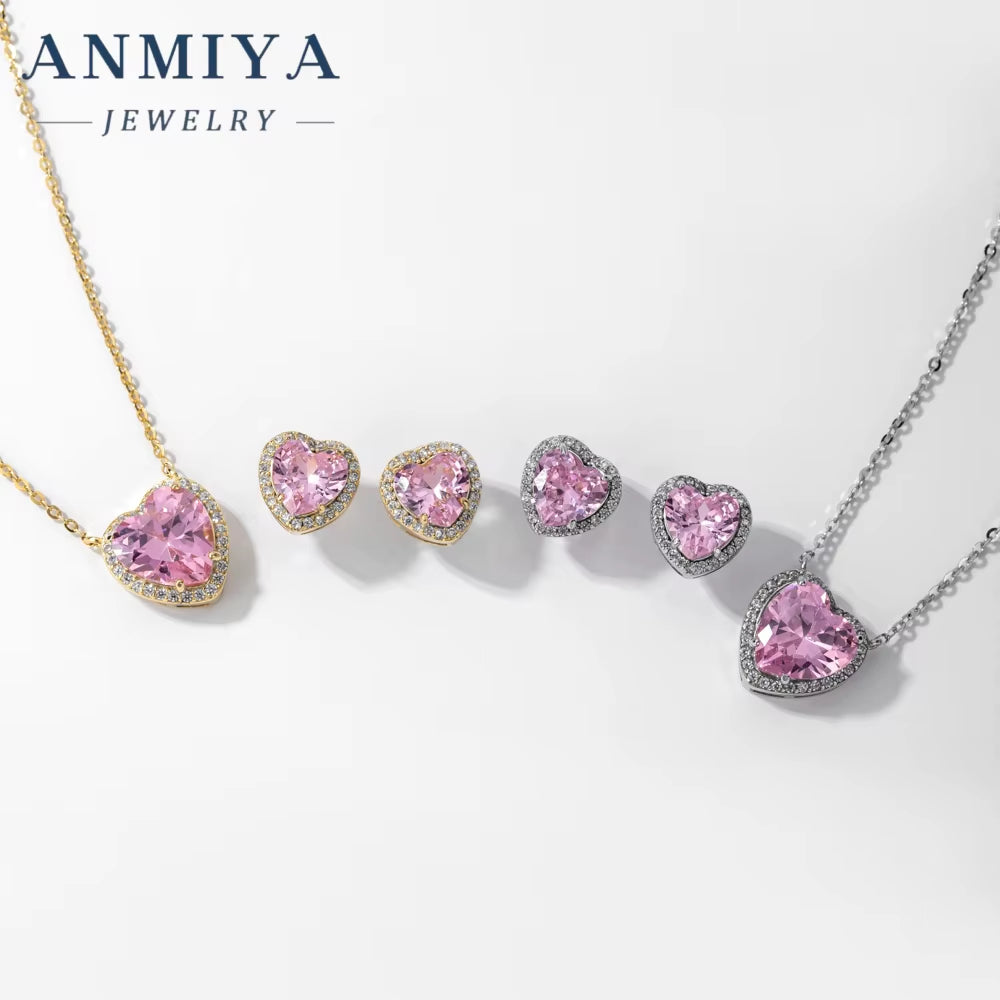 ANMIAY New Fine 925 Silver Heart Zircon Necklace Pink Crystal Stud Earrings Luxury Earrings Necklace Set for Women