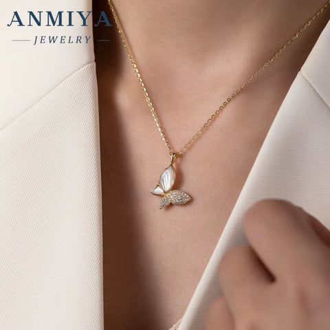ANMIYA S925 Sterling Silver Zircon Butterfly Pendant Necklaces Jewelry for Women Gift
