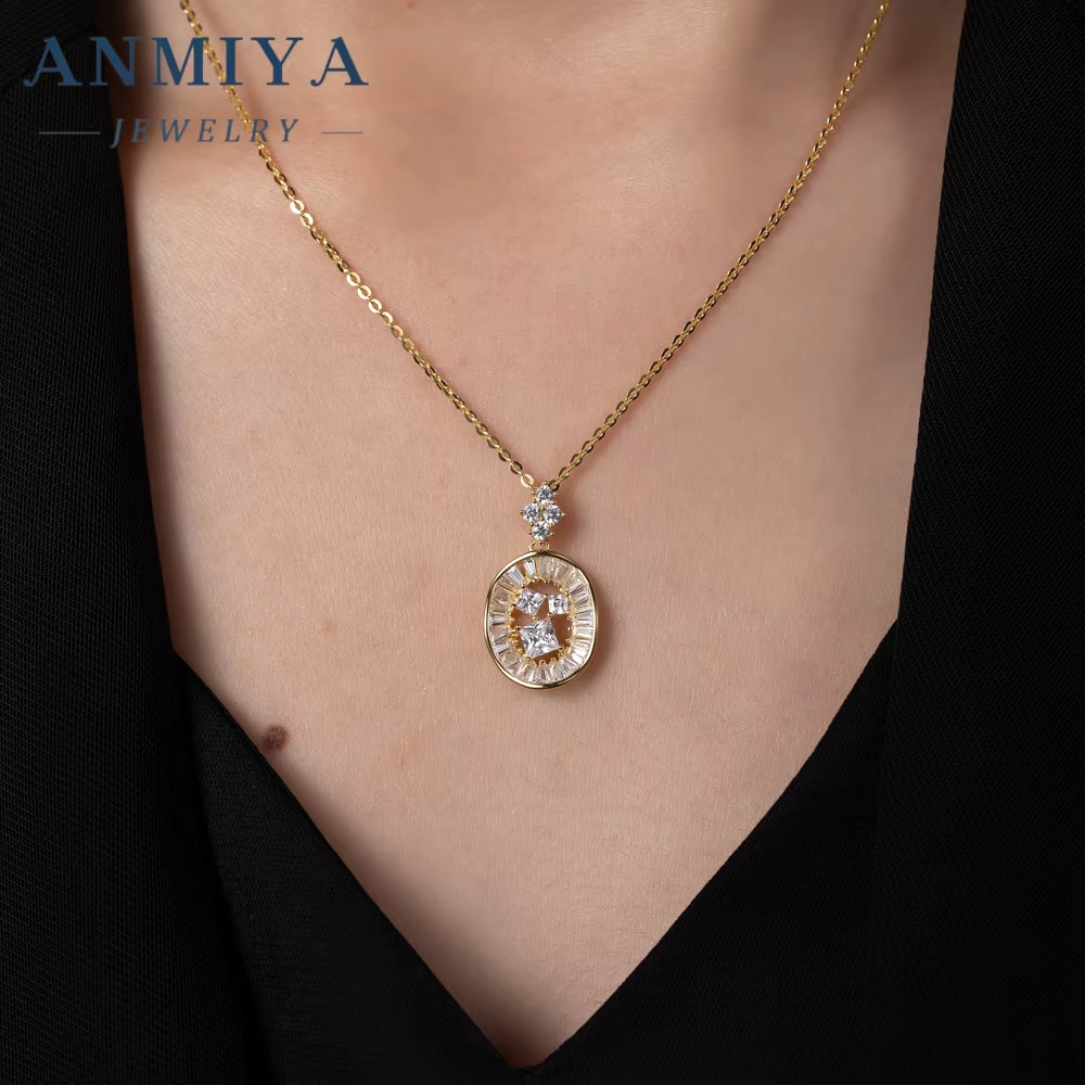 ANMIYA 18K Gold Plated round Shape Hollow Out Zircon 925 Silver Fashion Earrings Necklace Set Jewelry for Ladies