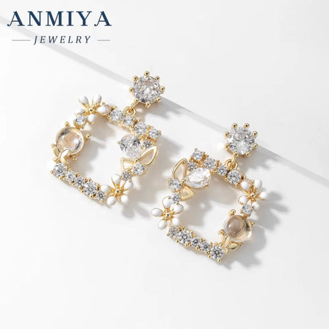 ANMIYA Fashion Earings Pink Flower Korean Butterfly Colour Fashion Sweet Flower 925 Silver Stud Earring for Women Jewelry Women