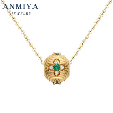 ANMIYA Minimalist 18K Gold Plated Flower Inlay Emerald and Zircon Necklace with Certificate