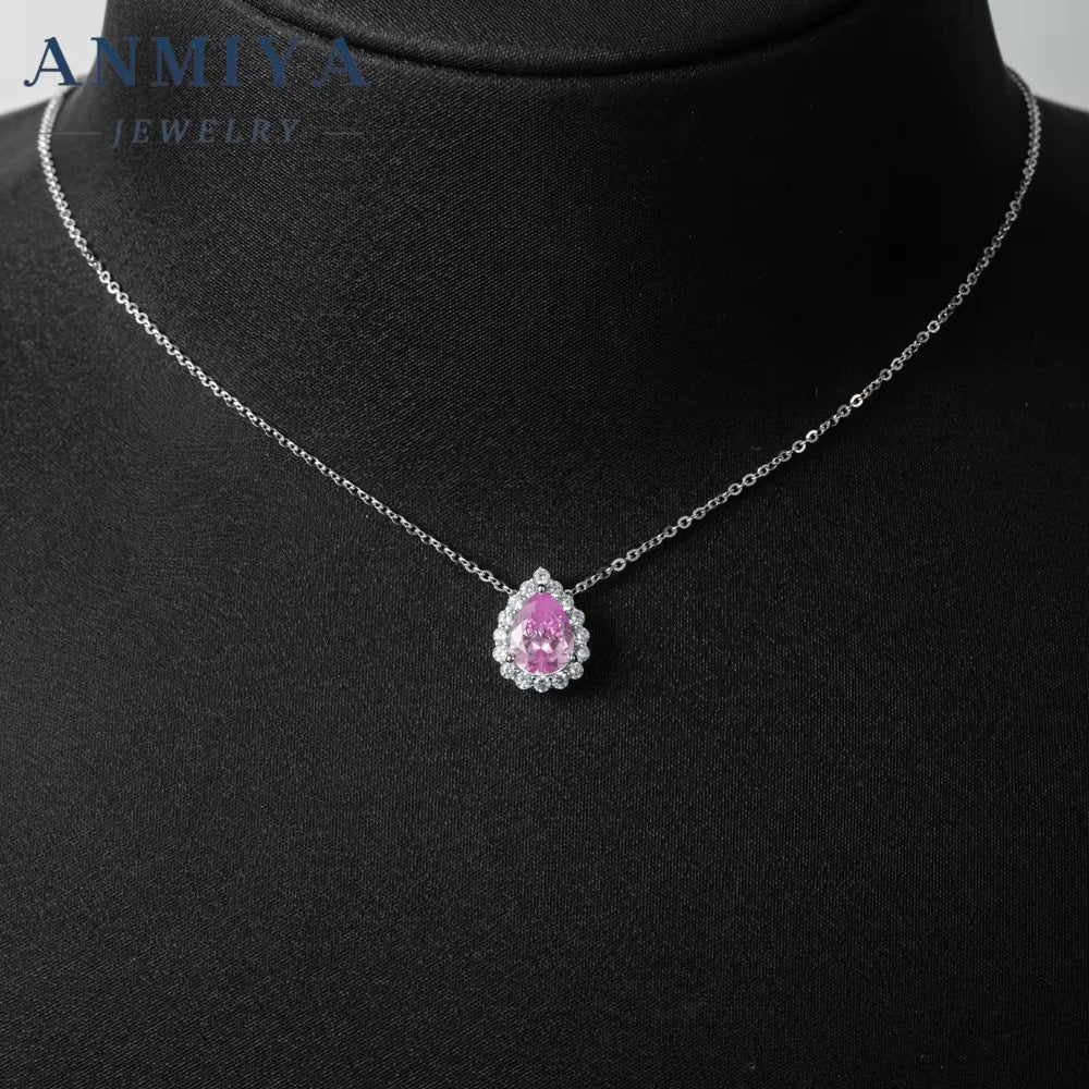 Fine Jewelry 925 Sterling Silver Necklace Pear Ice Cut Pink Water Drop Shape Jewelry Necklace for Lover Girlfriend