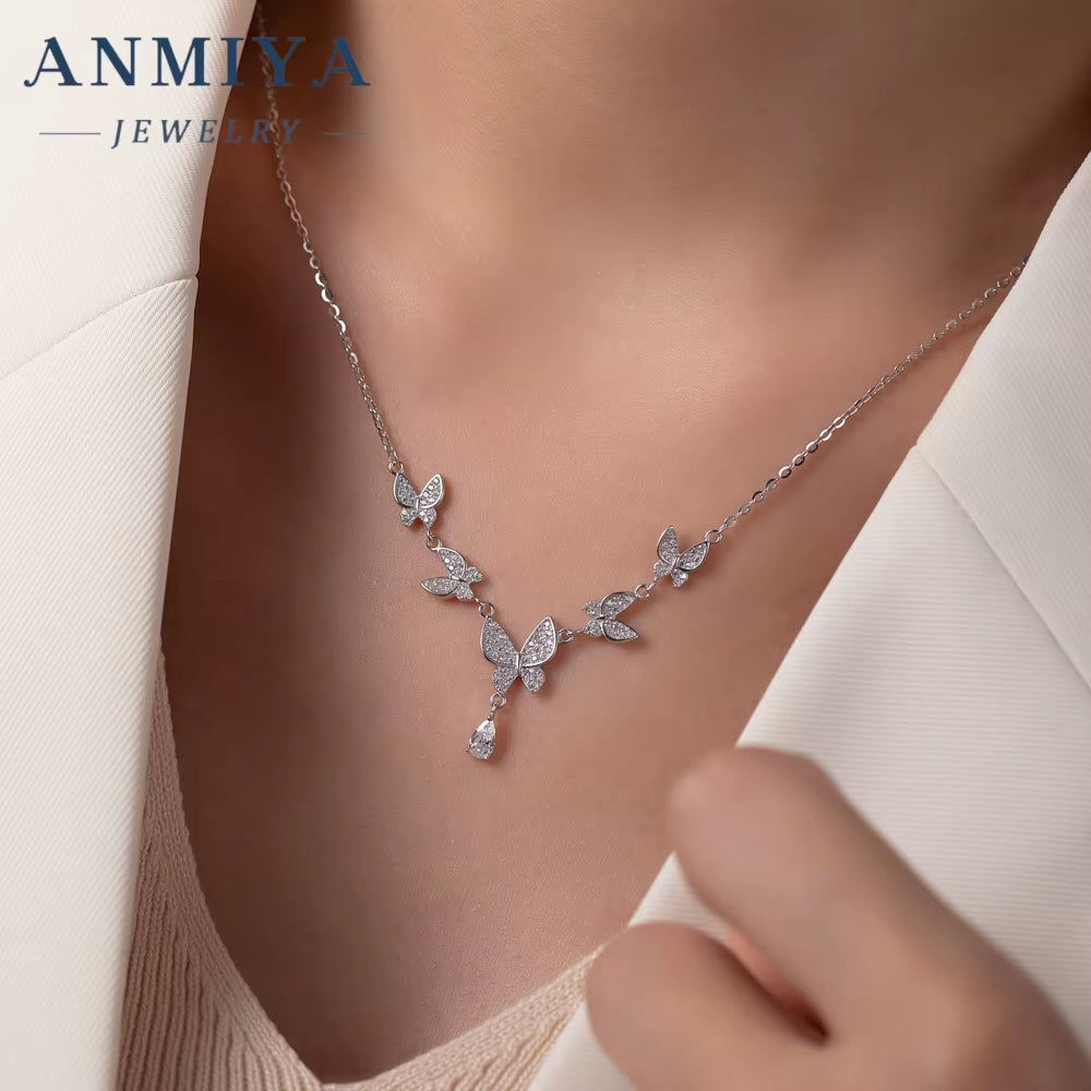 ANMIYA Fashion Jewelry Best Selling 925 Silver Butterfly Shape Shine Small Zircon Charm Necklaces for Women