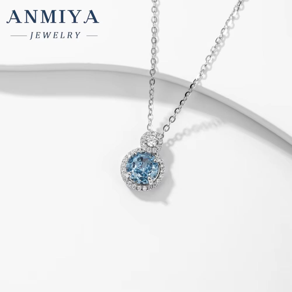 Round Shape Halo Design Silver 925 Chain Diamond Ice Cut Zircon Pendant Blue Necklace