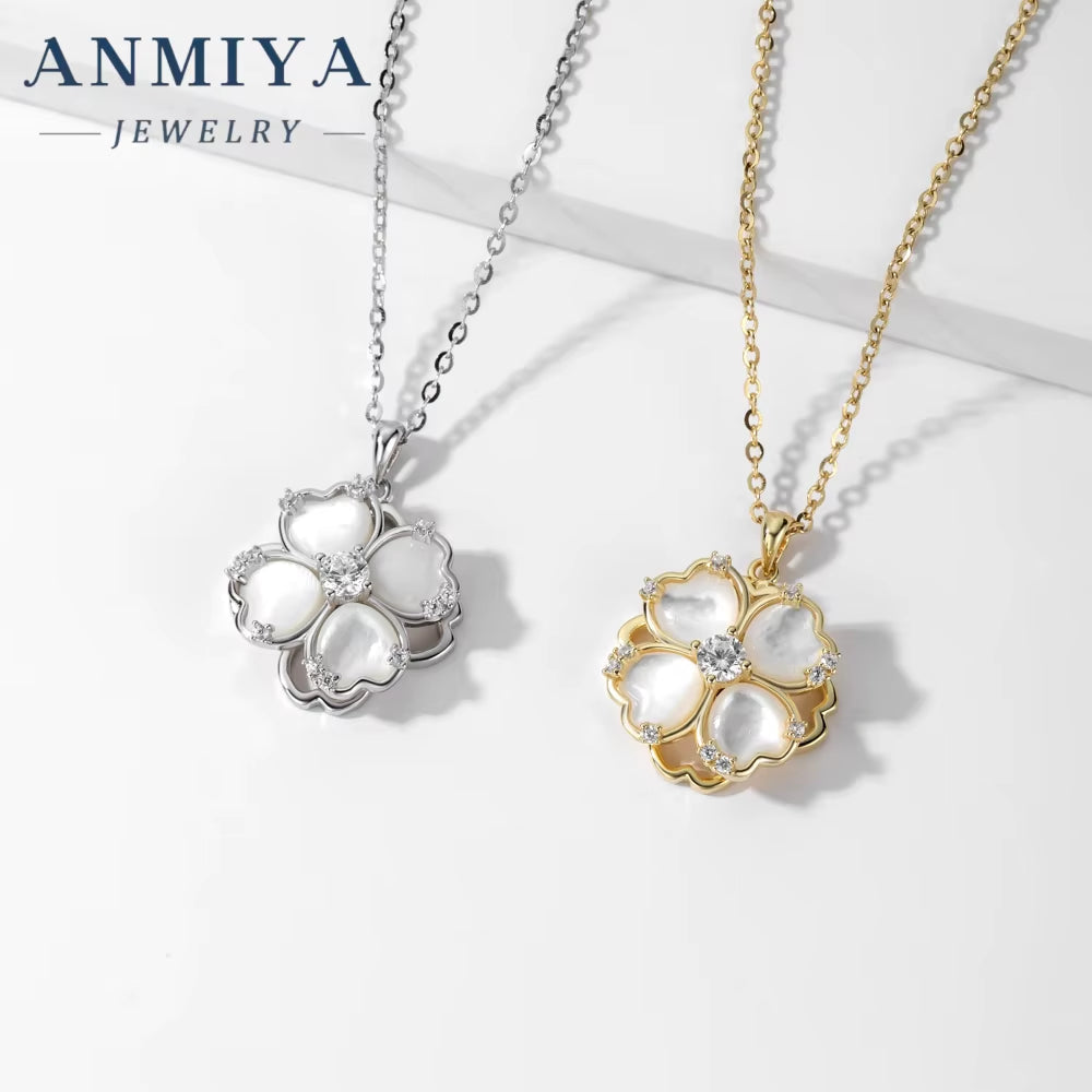 ANMIYA OEM S925 Sterling Silver Clover Necklace White Shell Pendant Necklace for Valentine'S Day Women