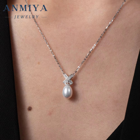 ANMIYA Crafted 925 Sterling Silver Designer Minimalist Fresh Water Pearl Zircon X Shape Fashion Pendent Necklace