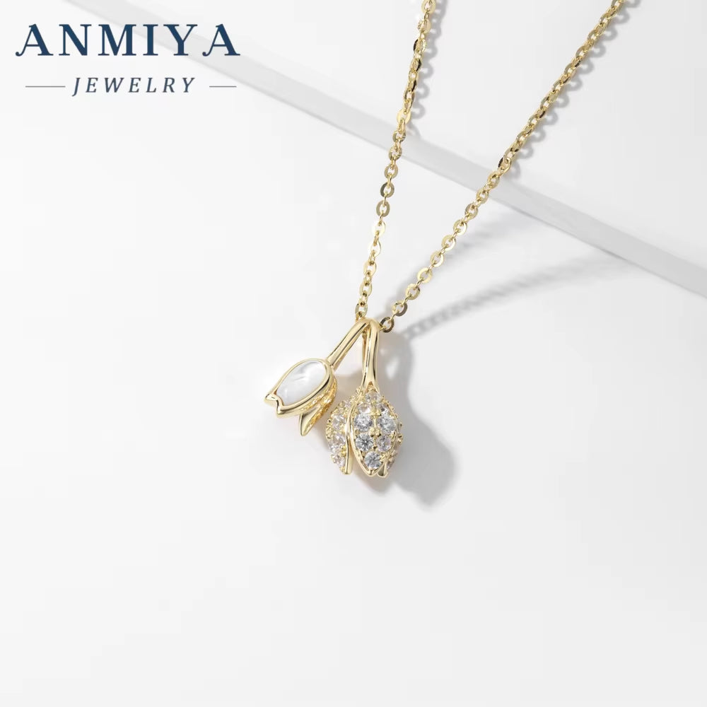 ANMIYA New 925 Sterling Silver Cute 18K Gold Plated Rose Flower Pendant Women'S Necklace Jewelry