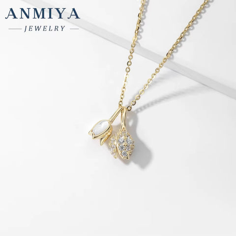 ANMIYA New 925 Sterling Silver Cute 18K Gold Plated Rose Flower Pendant Women'S Necklace Jewelry