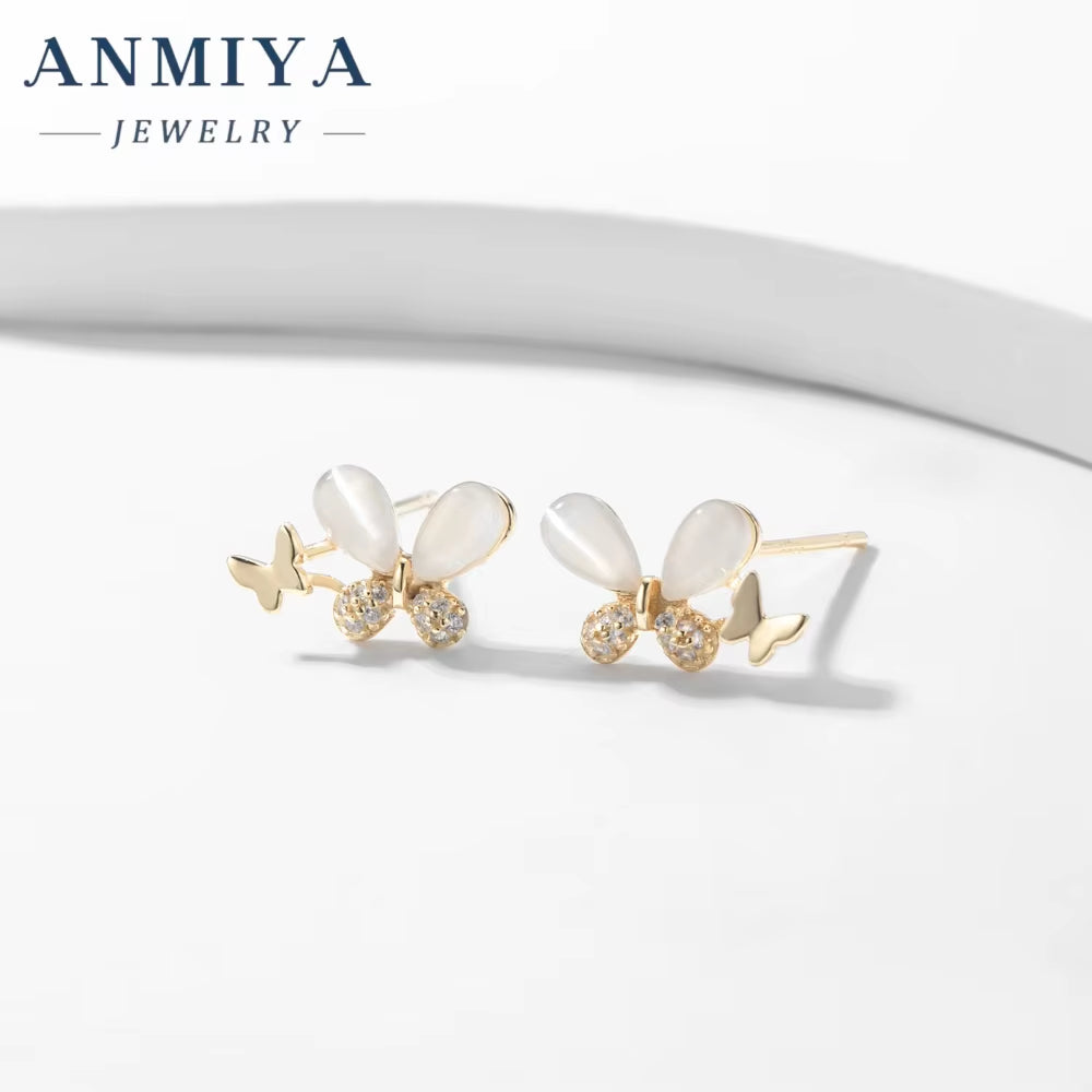 New 18K Gold Plated Luxury Design Minimalist Butterfly Shaped Fresh Water Pearls Earrings Zircon Stud Earrings