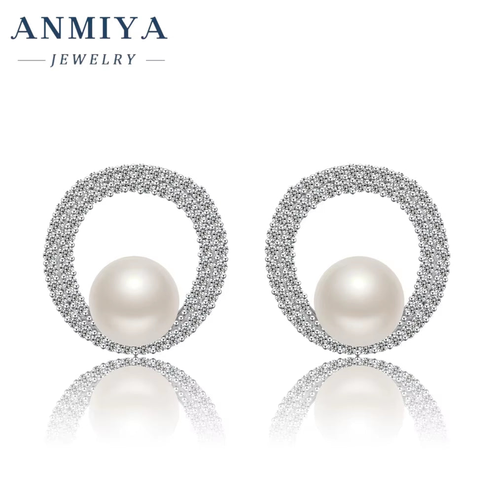 ANMIYA Luxury Hollow Out Large Cz Pearl Plated 925 Silver Needle Stud Earrings for Women