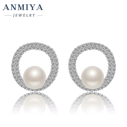 ANMIYA Luxury Hollow Out Large Cz Pearl Plated 925 Silver Needle Stud Earrings for Women