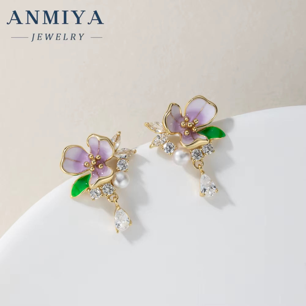 ANMIYA High Quality Summer Sweet Girls Cute Flower Pink Zircon 925 Silver Brand Necklace Earrings Sets
