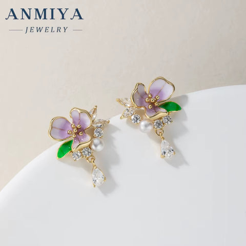 ANMIYA High Quality Summer Sweet Girls Cute Flower Pink Zircon 925 Silver Brand Necklace Earrings Sets