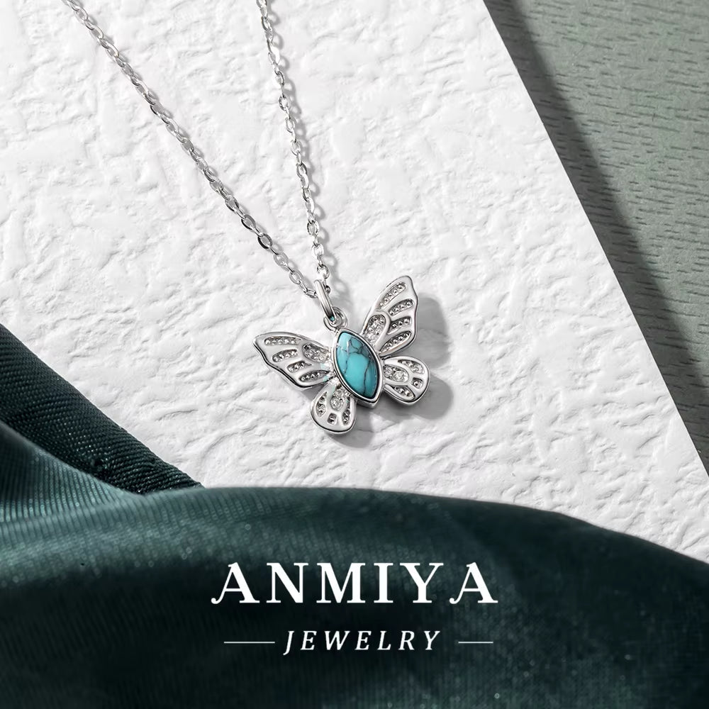 ANMIYA 925 Sterling Silver Butterfly Necklace with Turquoise Stone and Zirconia Women Necklace