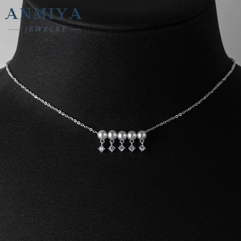 ANMIYA Fashion Chains One-Line Shape Fresh Water Pearl Collarbone Necklace 925 Sterling Silver Necklace